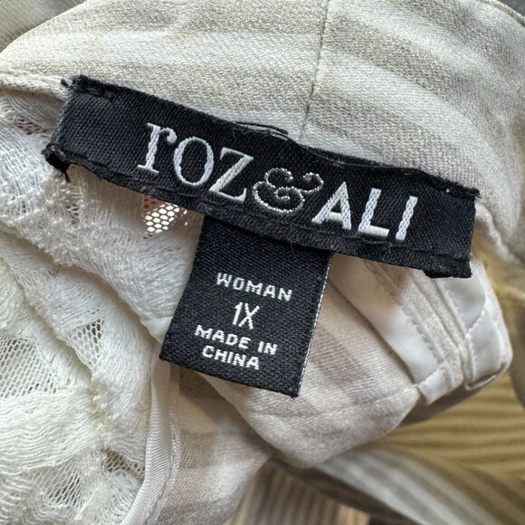 Roz & Ali Blazer Jacket Womens Plus 1X Beige White Striped Crochet Linen Blend - Picture 3 of 9